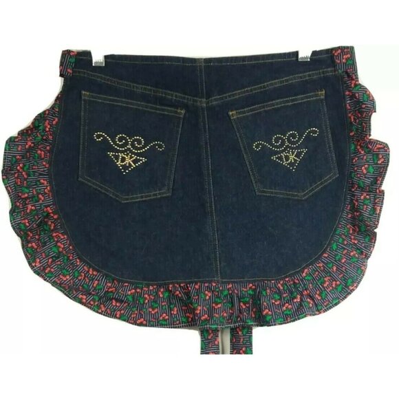 Crafted Denim Apron Repurposed Ruffle Jean Pockets Cooking Kitchen Blue Cherry - Picture 8 of 8